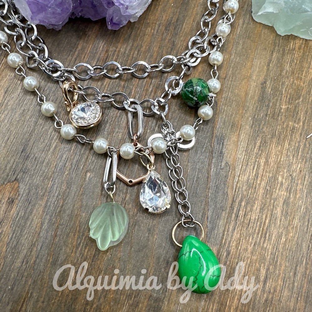 Bohemian chunky green turquoise layered silver statement charms necklace